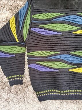 Vintage 80s Saxony Leather Suede Trim Crew Neck Coogi Style Sweater Sz L